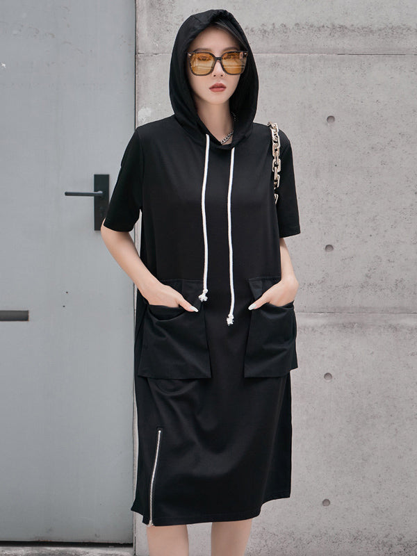 Original Black Zipper Split-Side Hooded H-Line Short Sleeves Midi Dress