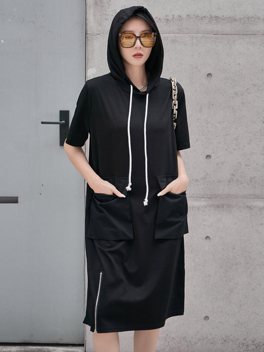 Original Black Zipper Split-Side Hooded H-Line Short Sleeves Midi Dress