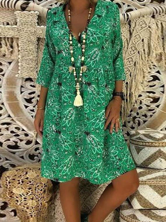 Loose Floral V-neck Seven-Quarter Sleeve Midi Dress