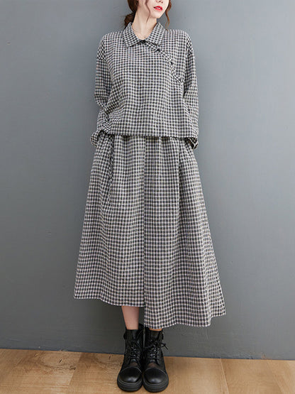 Artistic Retro Irregular Split-Joint Plaid Pleated Buttoned Elasticity Waist Lapel Collar Long Sleeves Midi Shirt Dress