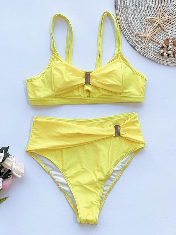 Solid Color Belted Split Bikini Swimsuit