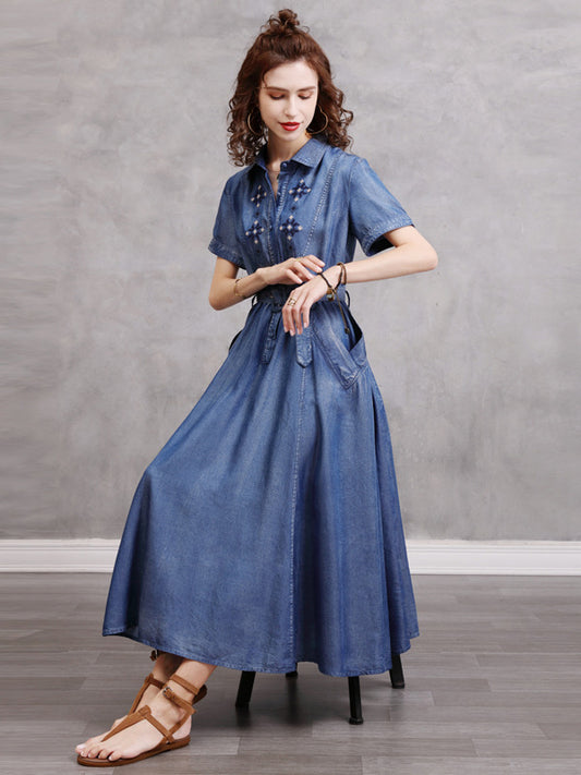 Original Embroidered Loose Short Sleeves Midi Dress