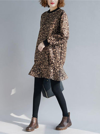 Loose Leopard Falbala Round-neck Short Dress