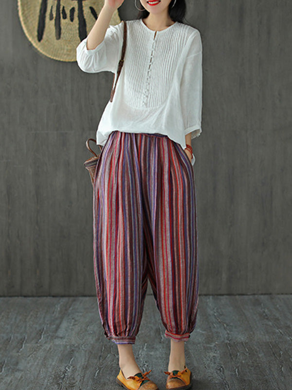 Original Linen Solid Color Pleats T-Shirts Tops