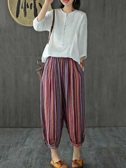 Original Linen Solid Color Pleats T-Shirts Tops