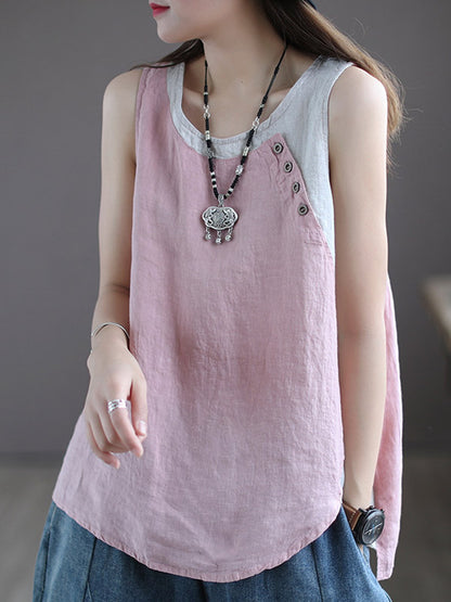 Leisure Split-Joint Linen Contrast Color Round-Neck Vest