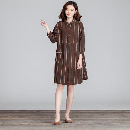 Cotton Women Splicing Casual Linen Loose Stripe Pocket Dress