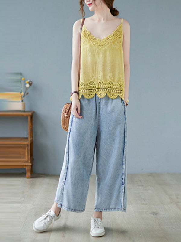 Original Solid Sleeveless Lace&Hollow V-Neck Vest