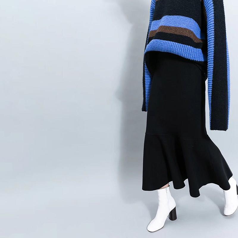 Elastic Waist Ruffles Winter Calf Length Skirt