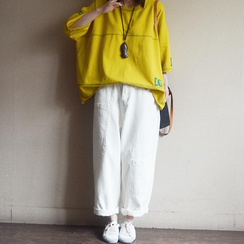 Cotton Round Neck Spliced Letter Casual Blouse