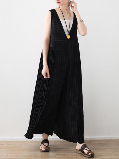 Black Striped Split-joint Ruffled Sleeveless Jumpsuits