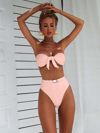 Leopard Print Bowknot High Waisted Bikini Swimsuit