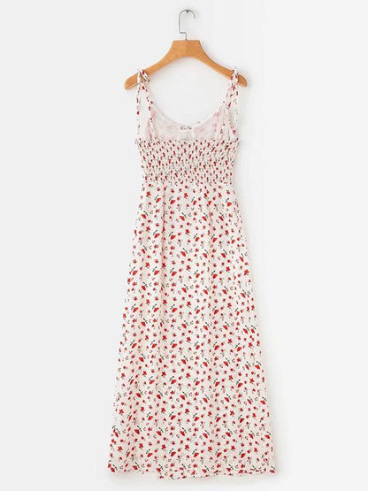 Printed Condole Belt Bandage Split-side V-neck Maxi Dress