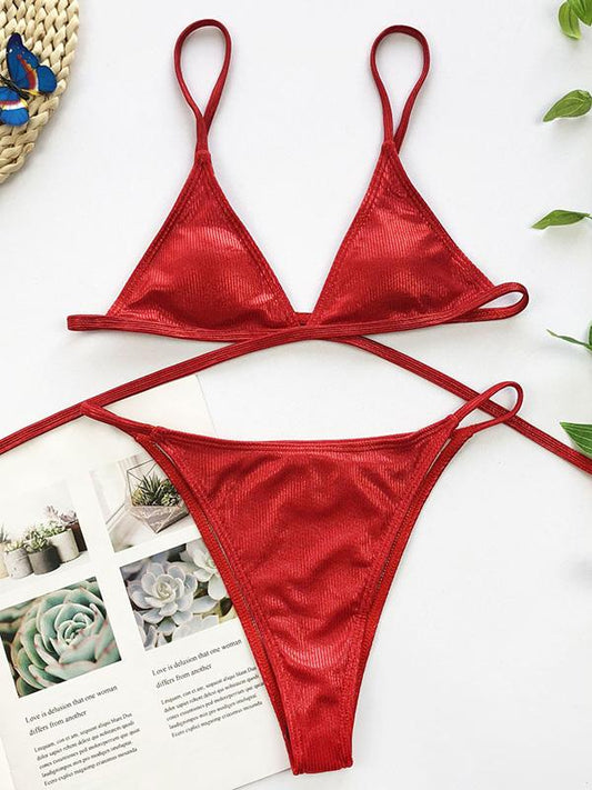 Spaghetti-Neck Bandage Split Type Bikini Swimsuit