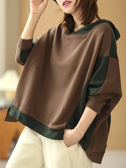 Casual Split-Joint Contrast Color Batwing Sleeve Hoodies