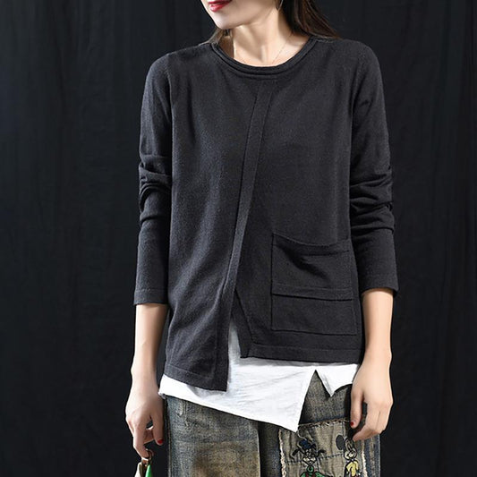 Buykud Solid Color Single Pocket Round Neck Casual Blouse