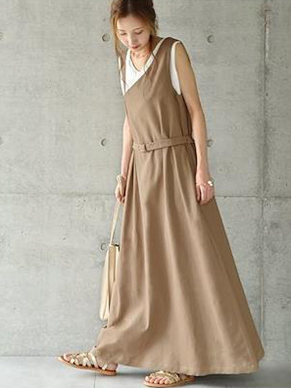 Casual Ramie Cotton Solid Color Belted V-Neck Sleeveless High-Waist One-Shoulder Strap Dress