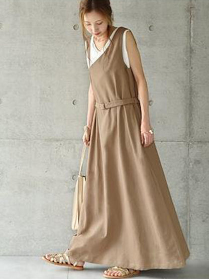 Casual Ramie Cotton Solid Color Belted V-Neck Sleeveless High-Waist One-Shoulder Strap Dress