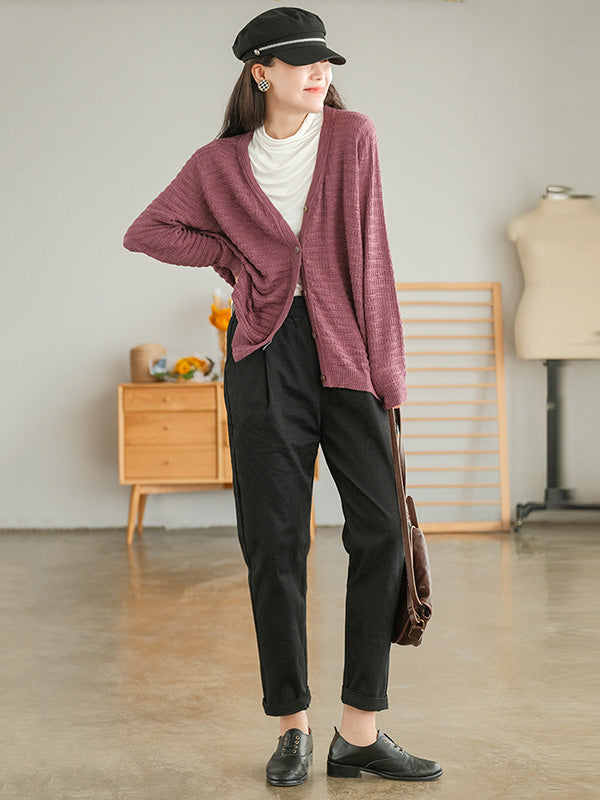 Casual Solid Color Buttoned V-Neck Long Sleeves Jacquard Knitted Cardigan