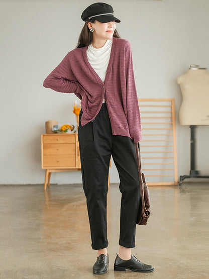 Casual Solid Color Buttoned V-Neck Long Sleeves Jacquard Knitted Cardigan