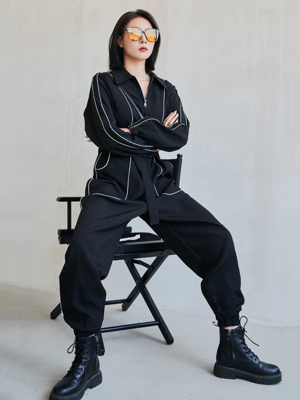 Cool Street Loose High-Waist Zipper Reflective Stripe Lapel Collar Long Sleeves Wide Leg Jumpsuits