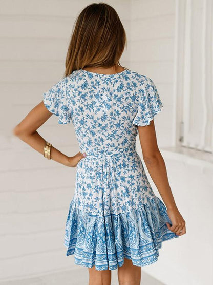 Bandage Printed V-neck Mini Dress