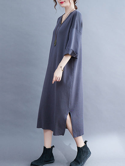 Urban Solid Color V-Neck Split-Side Knitting H-Line Sweater Dress