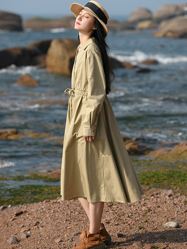 Casual Long Sleeves Loose Drawstring Tied Solid Color Lapel Collar Midi Dresses