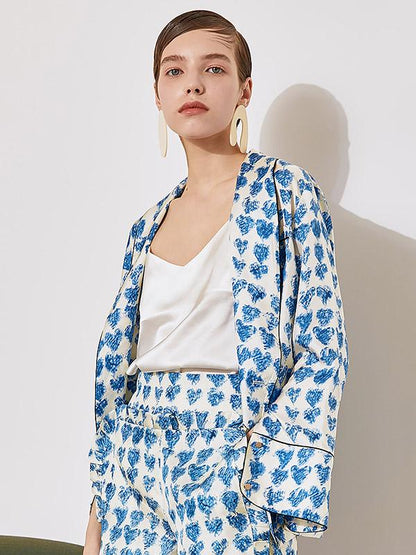 Loose Printed Double-breasted Tops + Wide Leg Shorts Suit