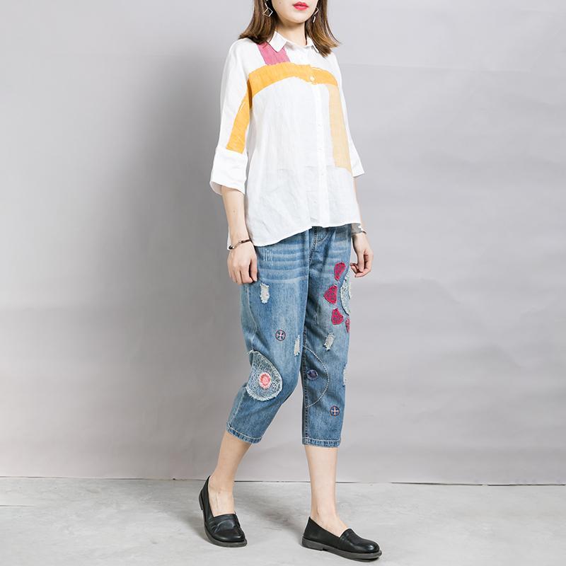 Casual Appliques Frayed Light Blue Jeans