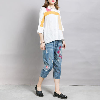 Casual Appliques Frayed Light Blue Jeans