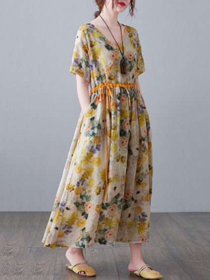 Original Artistic Retro Loose Tied Floral Printed Pleated V-Neck Short Sleeves Midi Dress