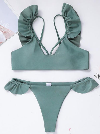 Plain Ruffled Bikini Swimsuit