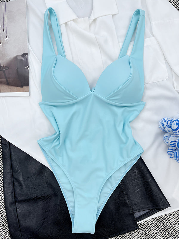 Solid Color V-Neck Backless One-Piece Swimsuit