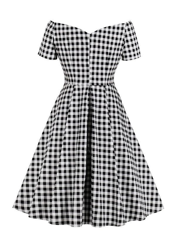 Plaid Off-The-Shoulder A-Line Midi Dresses