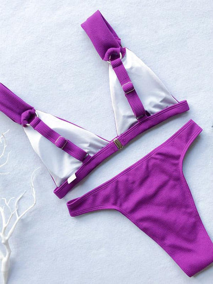 Ribbed Balconette Plain Bikini Swimsuit