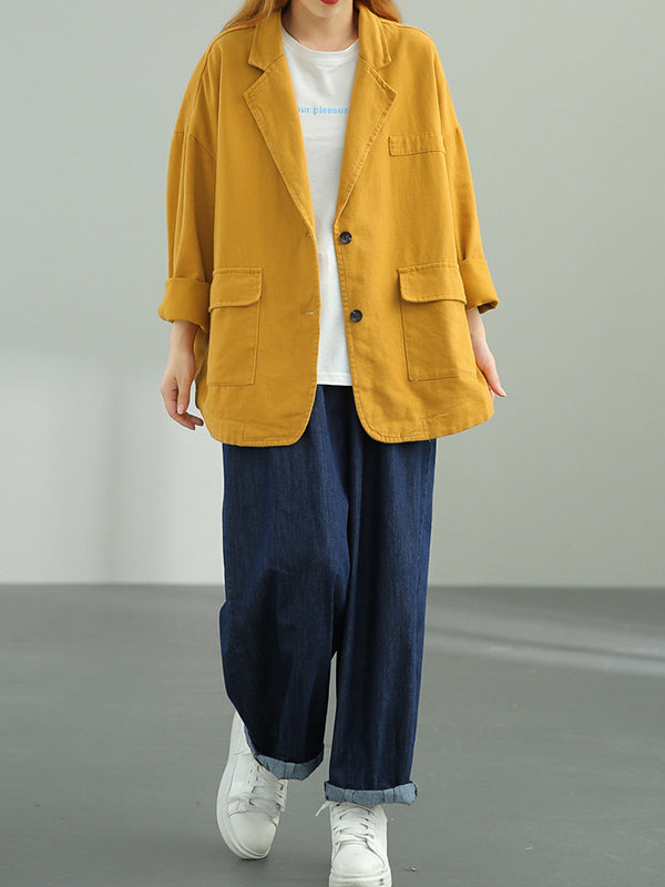 Simple Solid Color Buttoned Notched Collar Batwing Sleeve Outerwear