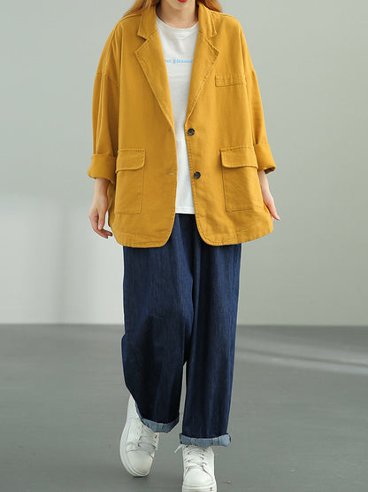 Simple Solid Color Buttoned Notched Collar Batwing Sleeve Outerwear