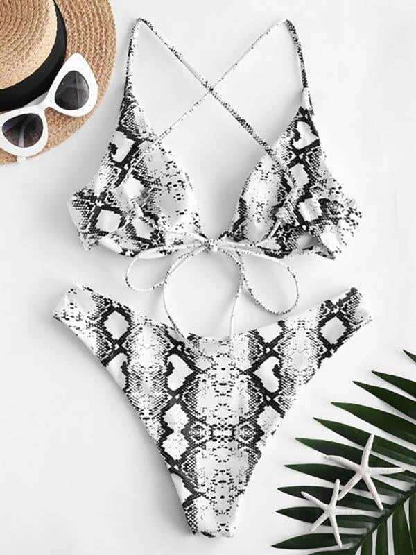 Snake-Print Underwired Backless Split Bikini Swimsuit