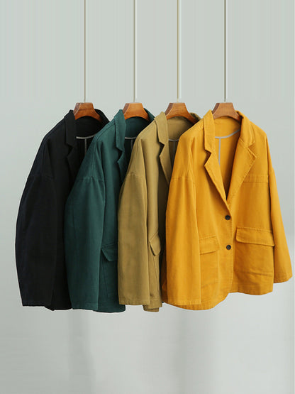Simple Solid Color Buttoned Notched Collar Batwing Sleeve Outerwear