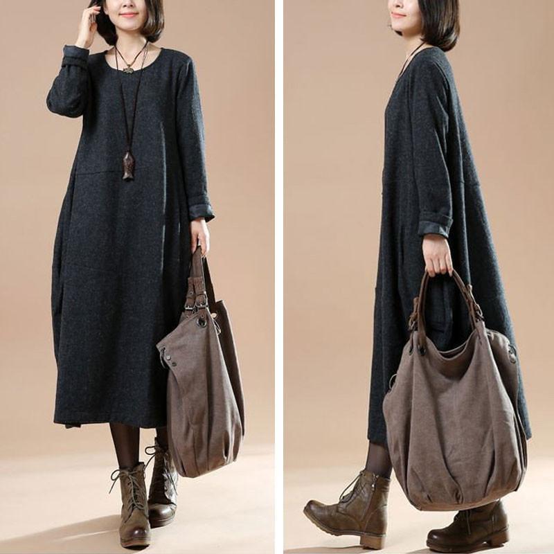 Autumn Large Size Women's Long Sleeve Wool Dark Gray Dress