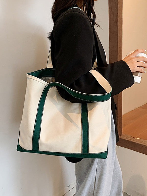 Simple Split-Joint Canvas Shoulder Bag Tote Bag