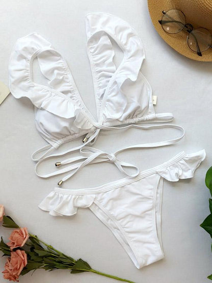 Lettuce Frilled Cross Strappy Plain Bikini Swimsuit