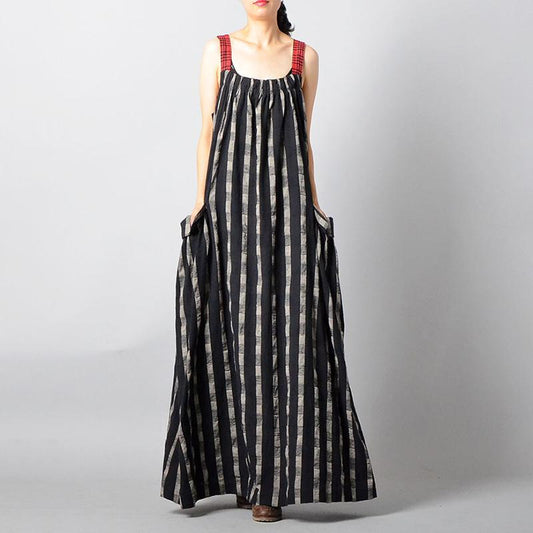 Buykud Retro Stripe Plaid Lacing Loose Black Slip Dress