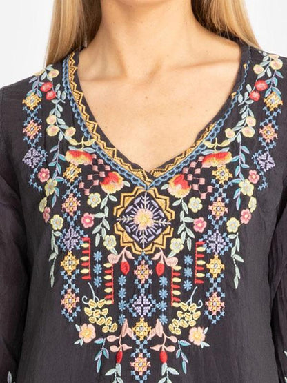 Exquisite Floral Embroidery Medium Sleeves Blouses