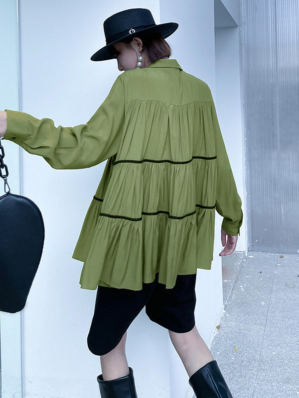 Original Buttoned Pleated Lapel Long Sleeves Blouse Tops