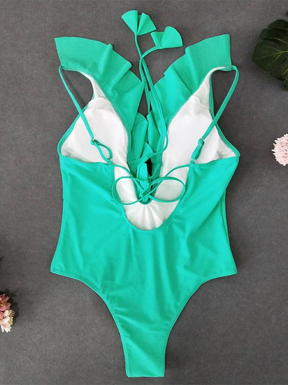 Plunge Falbala Plain One Piece Swimsuit