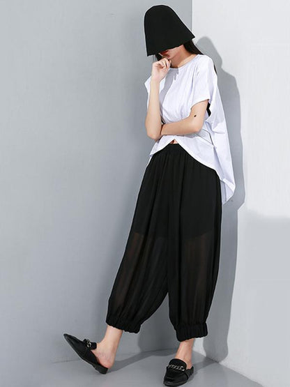 Chiffon See-through Elastic Waist Solid Wide Leg Pants  Design