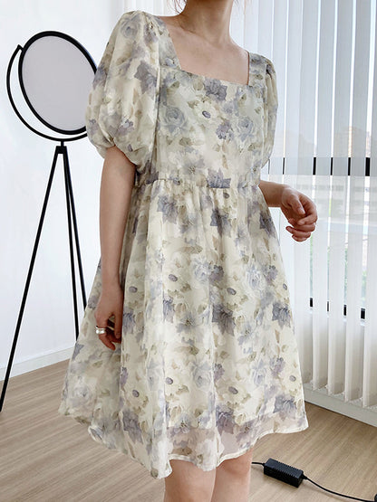 Original Floral Printed Square-Neck Puff Sleeve Mini Dress