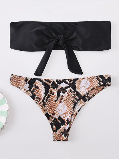 Strapless Knotted Snake Pattern Bikini Swimsuit